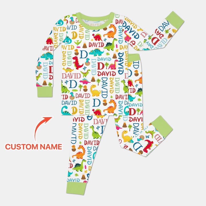 Personalized Fantasy Dinosaur Word Two Piece Long Sleeve Pajama Set