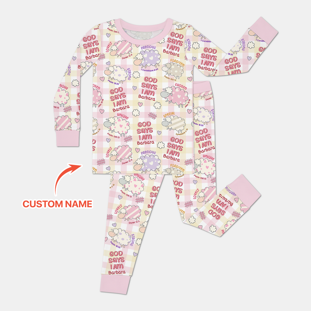 Little Lamb God Says I Am Custom Name Long Sleeve Pajama Set