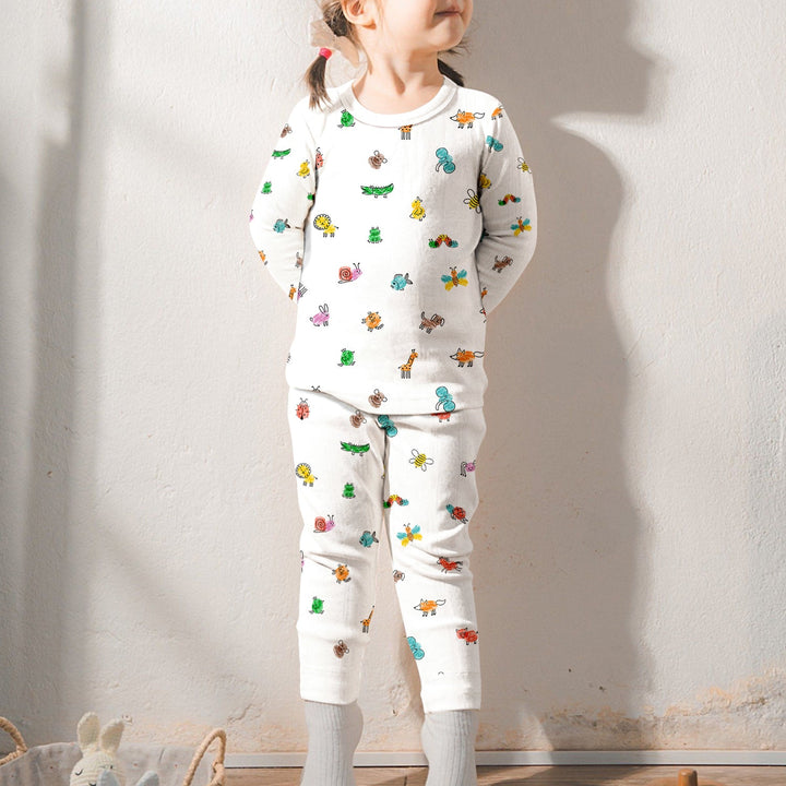 Colorful Doodle Animals Two Piece Long Sleeve Pajama Set