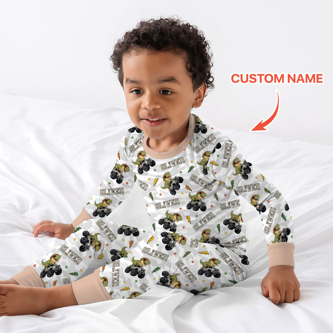Custom Name Camo Trucker Dino Two Piece Long Sleeve Pajama Set