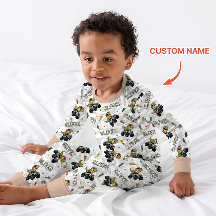 Custom Name Camo Trucker Dino Two Piece Long Sleeve Pajama Set