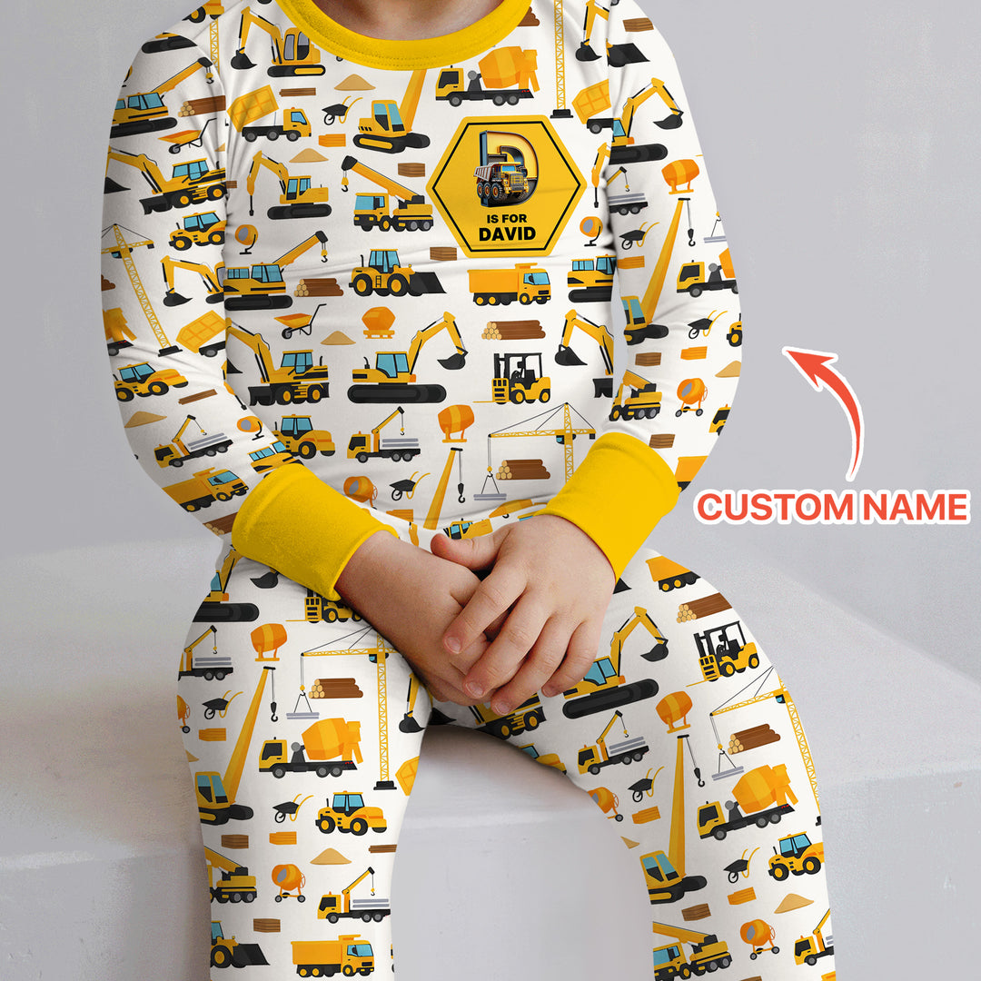 Custom Name Construction Initials Two Piece Long Sleeve Pajama Set