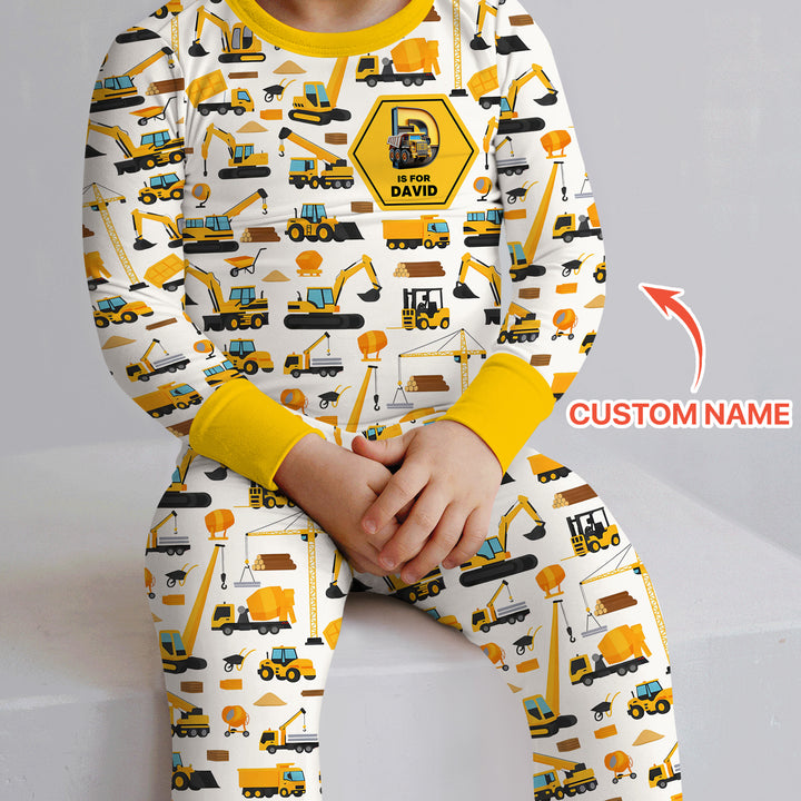 Custom Name Construction Initials Two Piece Long Sleeve Pajama Set