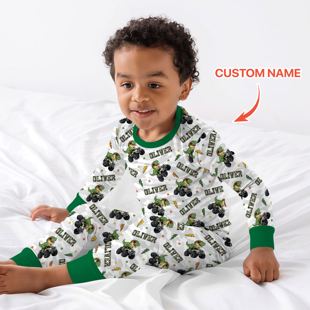 Custom Name Camo Trucker Dino Two Piece Long Sleeve Pajama Set