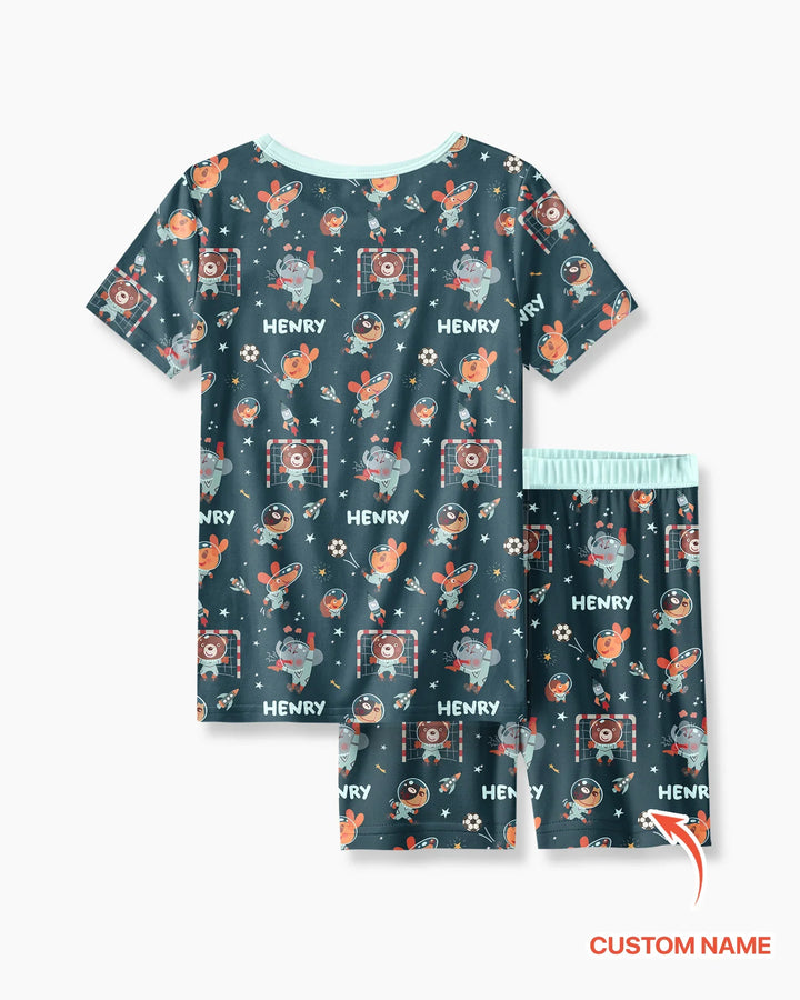 Space Soccer Bamboo Two Piece Short Sleeve Shorts Pajama Set