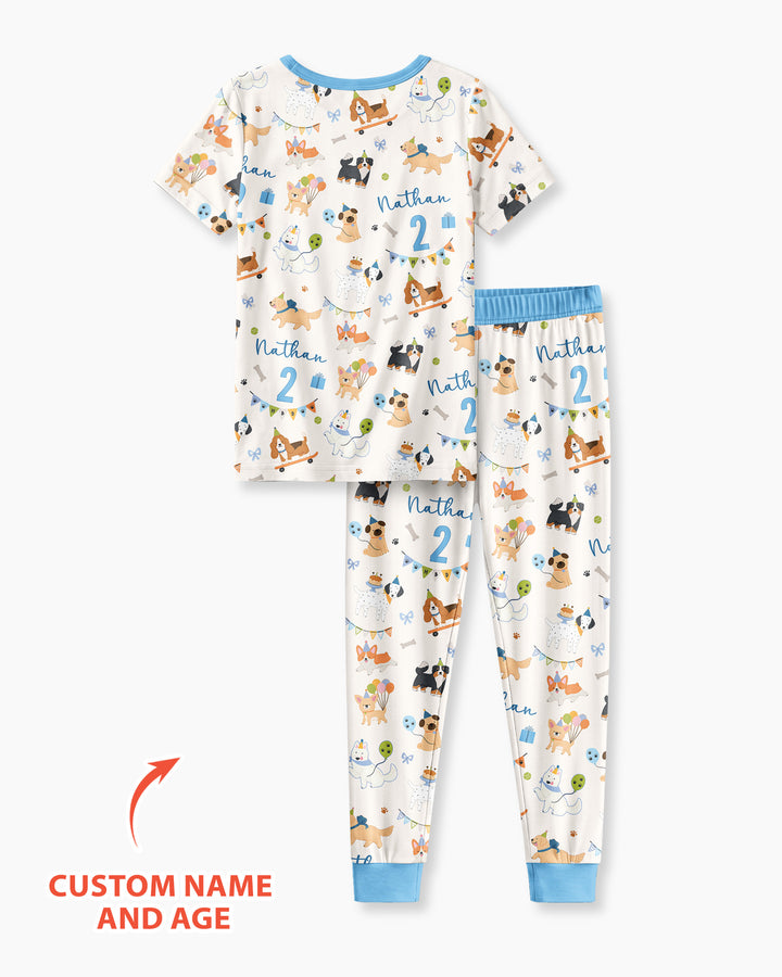 Custom Name Birthday Dogs Party Bamboo Two Piece Short Sleeve Pajama Set