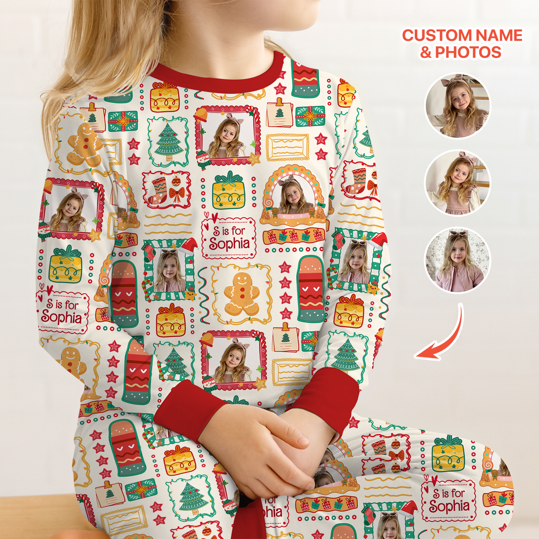 Custom Photo Christmas Frame Custom Name Two Piece Long Sleeve Pajama Set