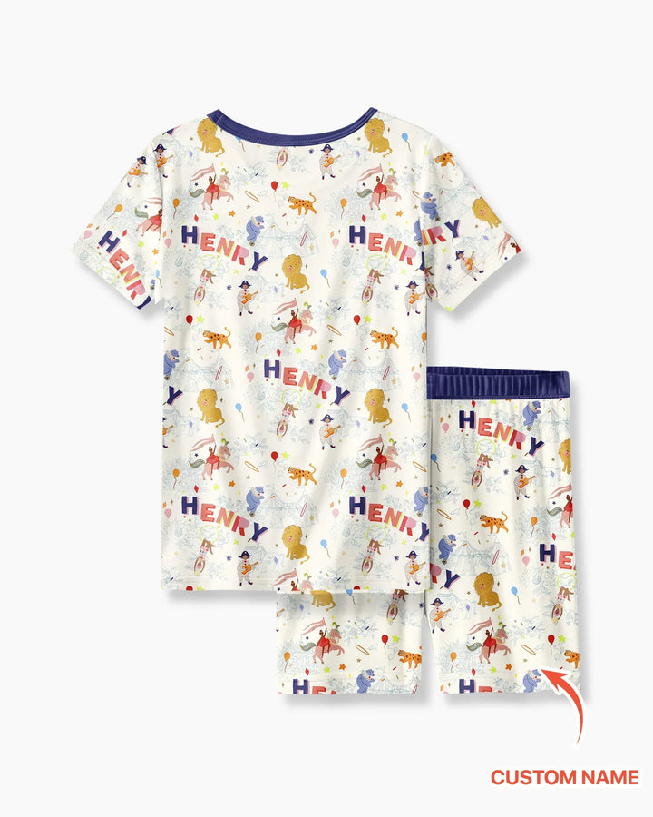 Custom Name Circus Toile Bamboo Two Piece Short Sleeve Shorts Pajama Set