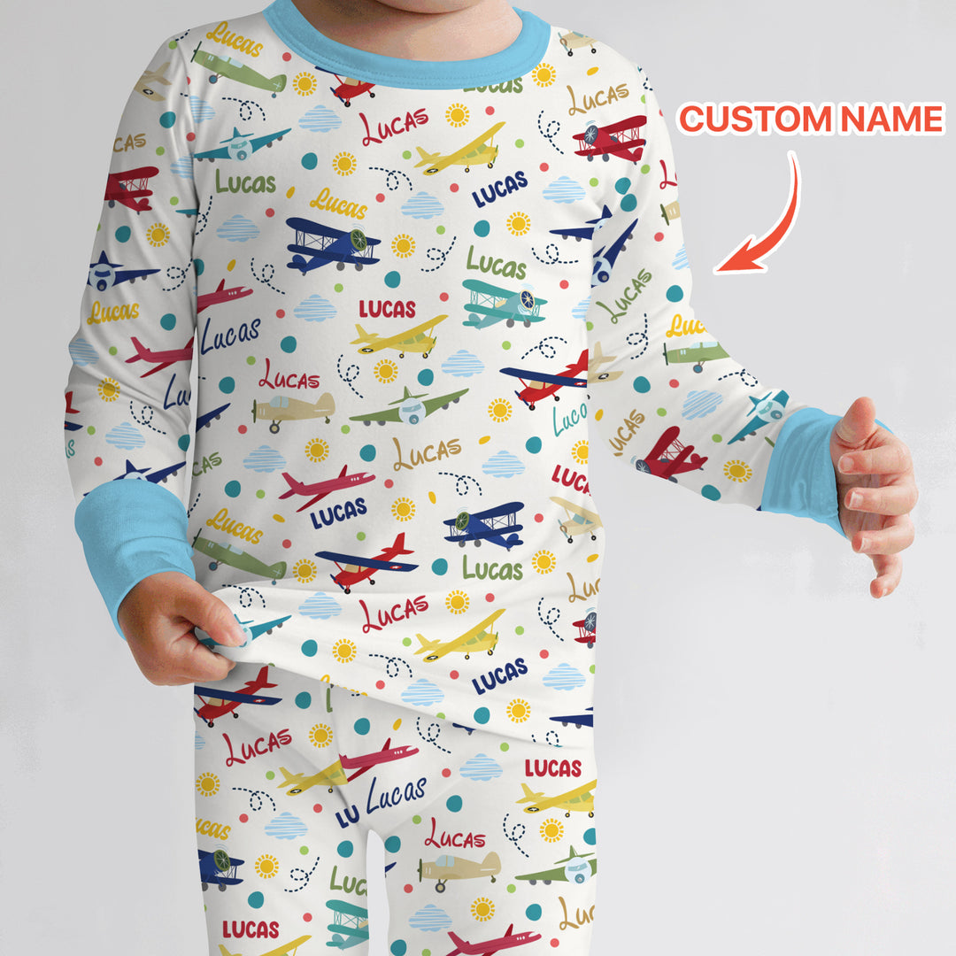 Custom Name Air Transport Two Piece Long Sleeve Pajama Set