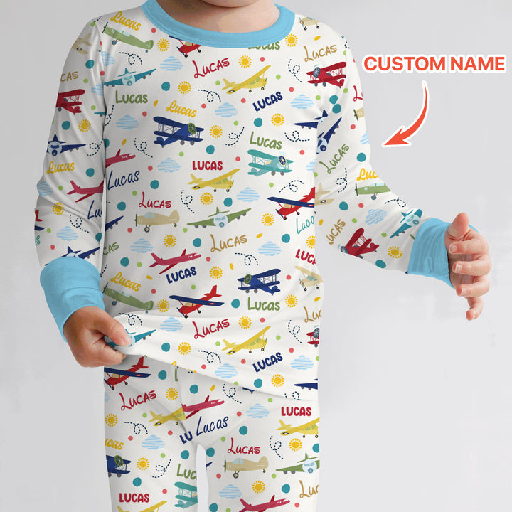 Custom Name Air Transport Two Piece Long Sleeve Pajama Set