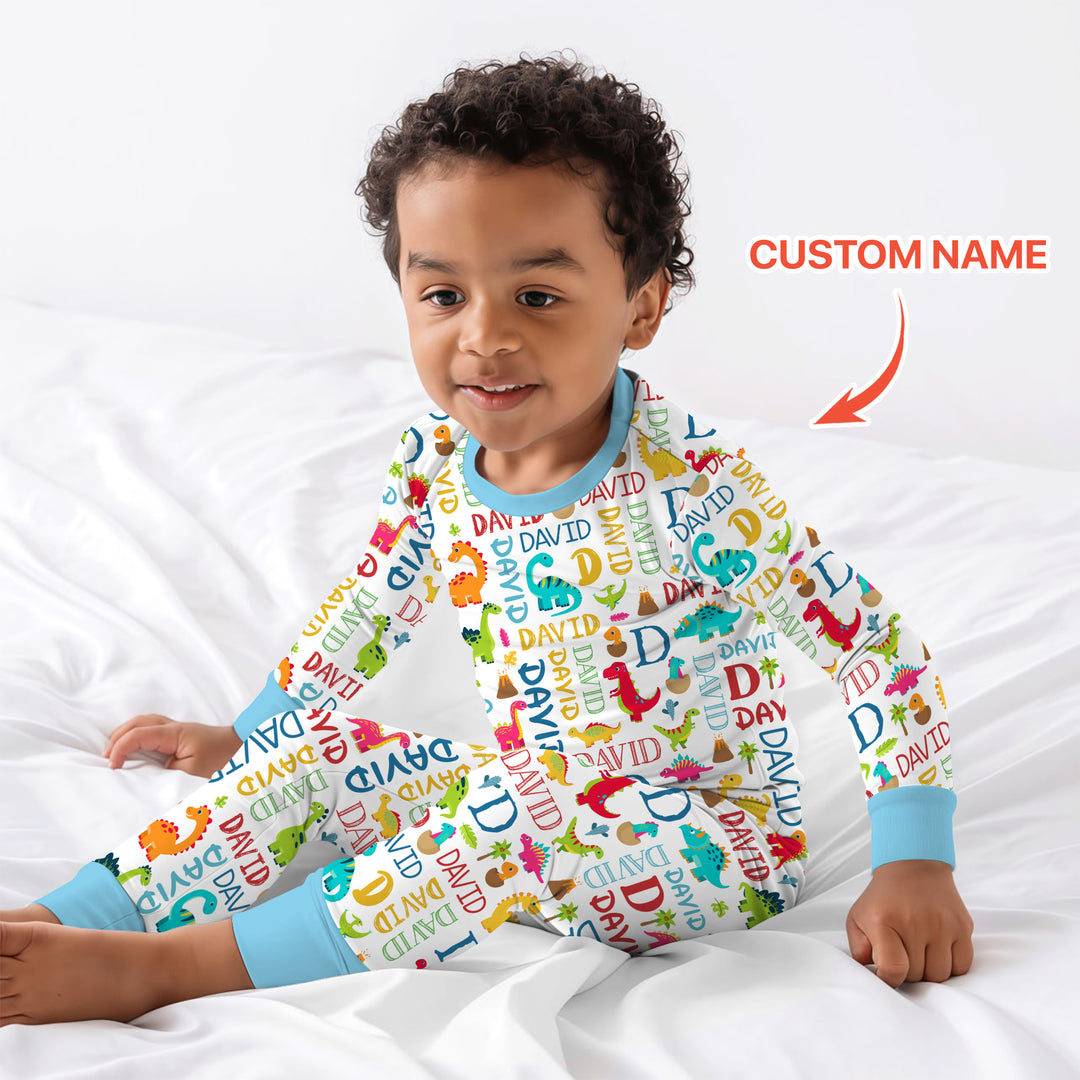 Personalized Fantasy Dinosaur Word Two Piece Long Sleeve Pajama Set