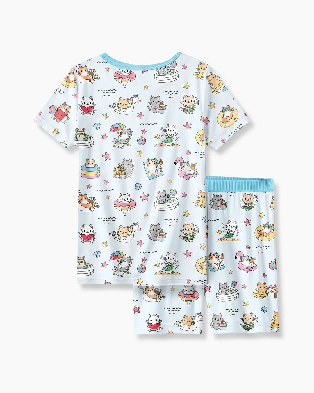 Kawaii Cats Summer Vacation Bamboo Two Piece Short Sleeve Shorts Pajama Set