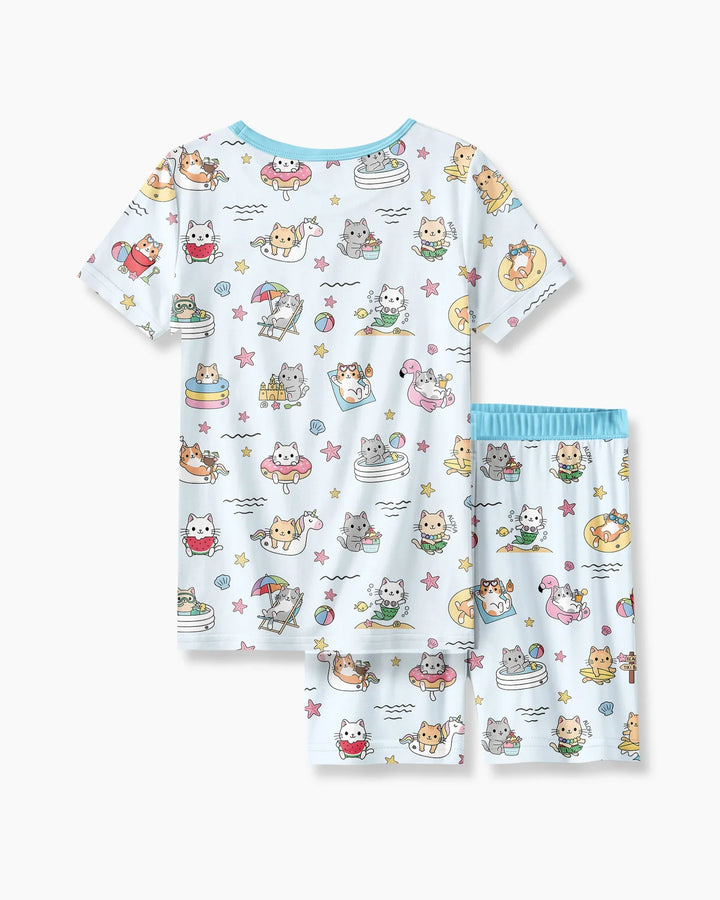 Kawaii Cats Summer Vacation Bamboo Two Piece Short Sleeve Shorts Pajama Set