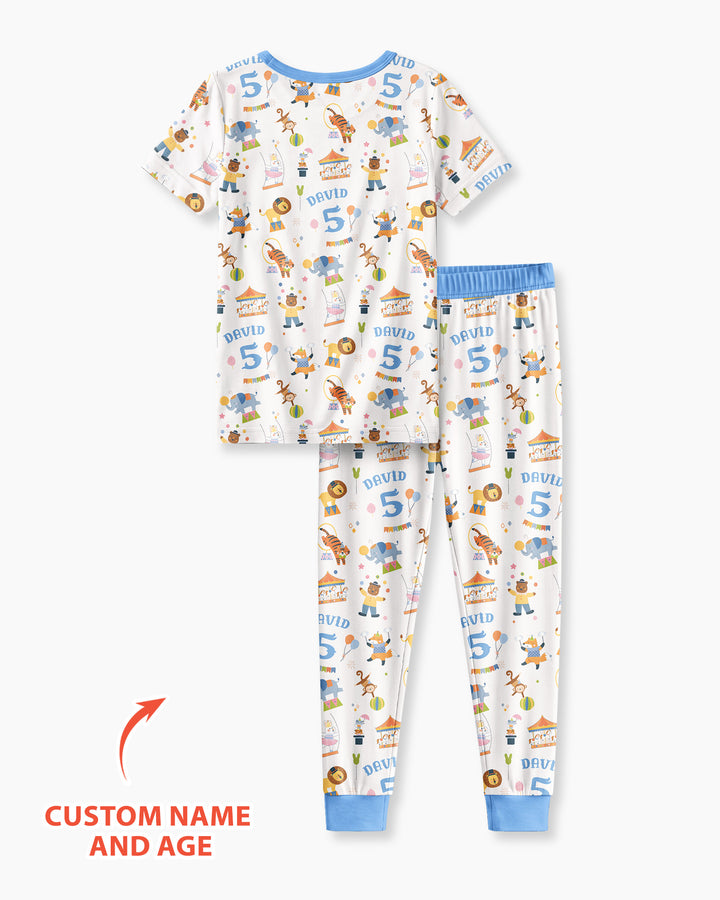 Custom Name Birthday Circus Bamboo Two Piece Short Sleeve Pajama Set