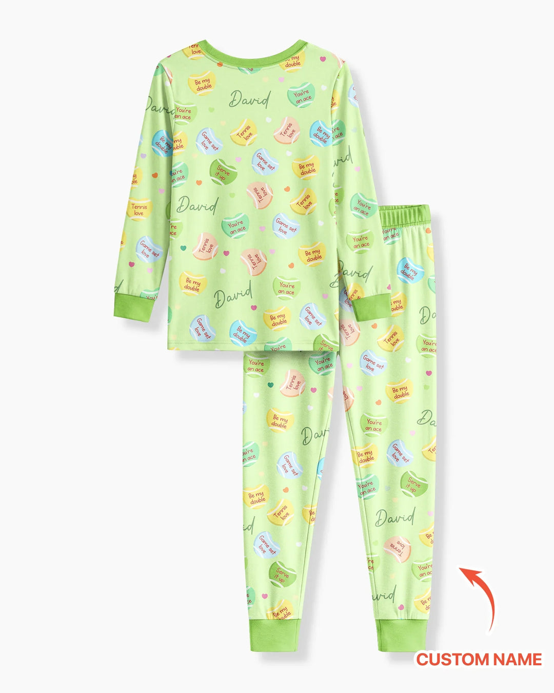 Custom Name Tennis Candy Hearts Bamboo Two Piece Long Sleeve Pajama Set