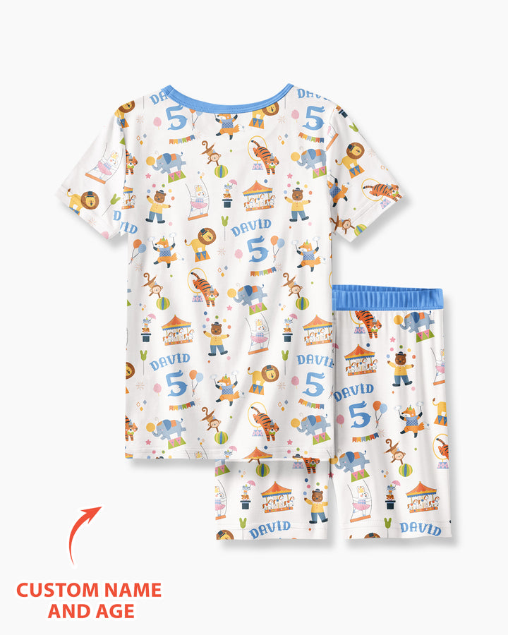 Custom Name Birthday Circus Bamboo Two Piece Short Sleeve Shorts Pajama Set