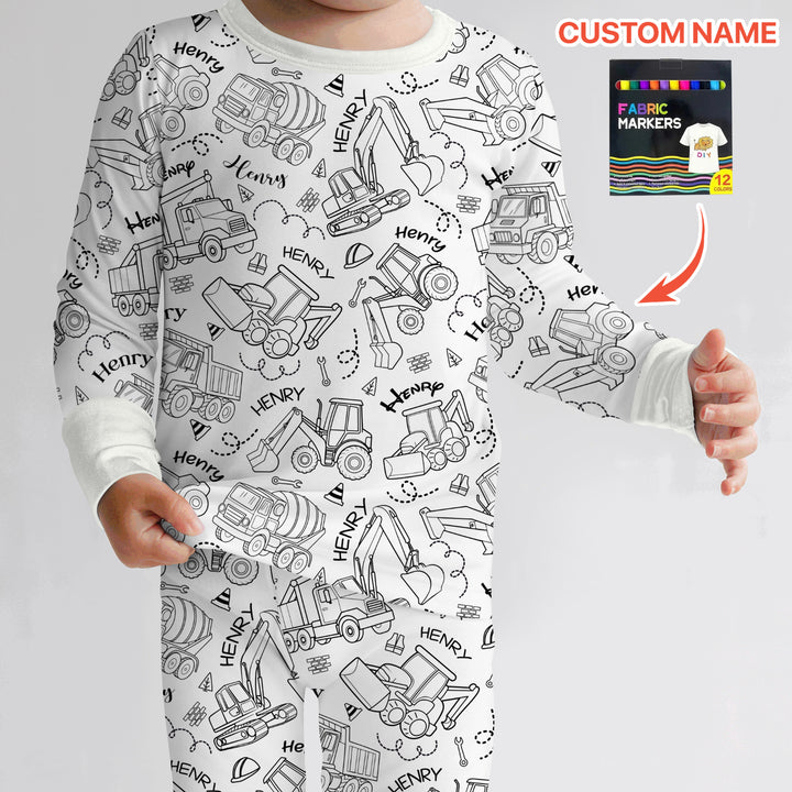 Construction Vehicules Custom Name Colorable Two Piece Long Sleeve Pajama Set