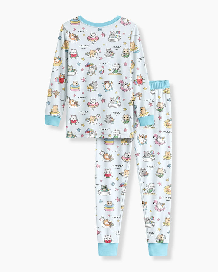 Kawaii Cats Summer Vacation Bamboo Two Piece Long Sleeve Pajama Set