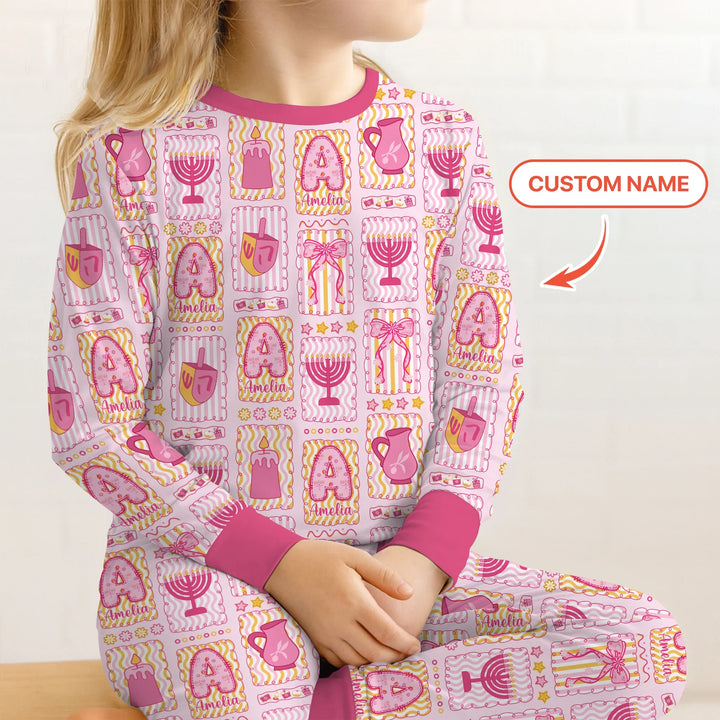 Custom Name Hanukkah Wonderland Two Piece Long Sleeve Pajama Set