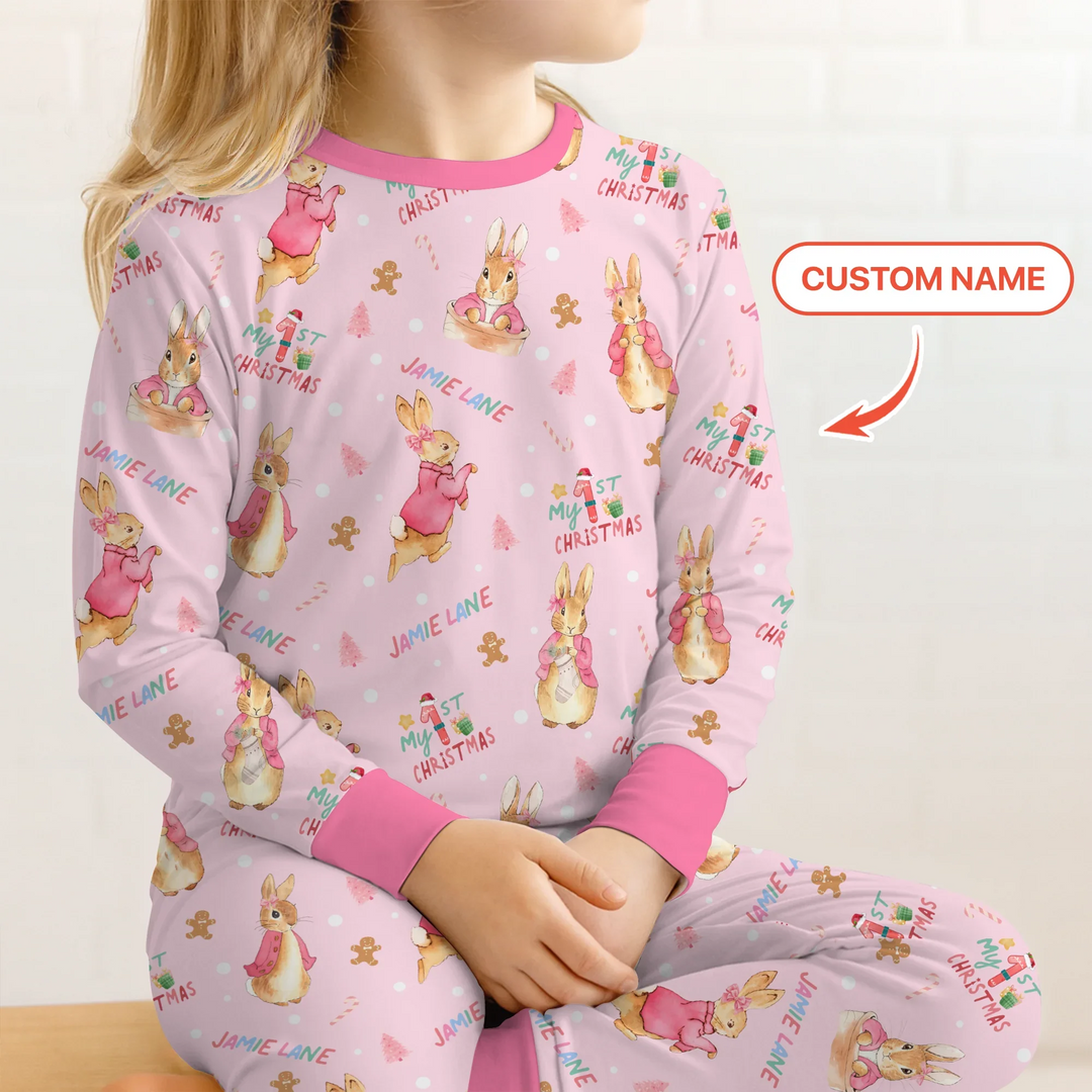 Custom 1st Christmas Rabbit Two Piece Long Sleeve Pajama Set , Custom 1st Christmas Rabbit Two Piece Long Sleeve Pajama Set - 12-18M