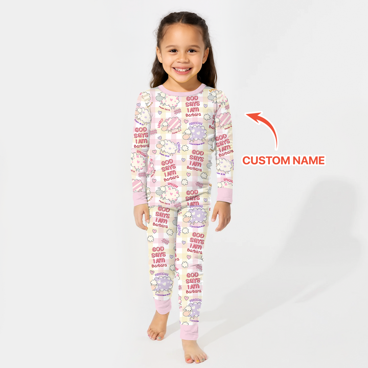 Little Lamb God Says I Am Custom Name Long Sleeve Pajama Set