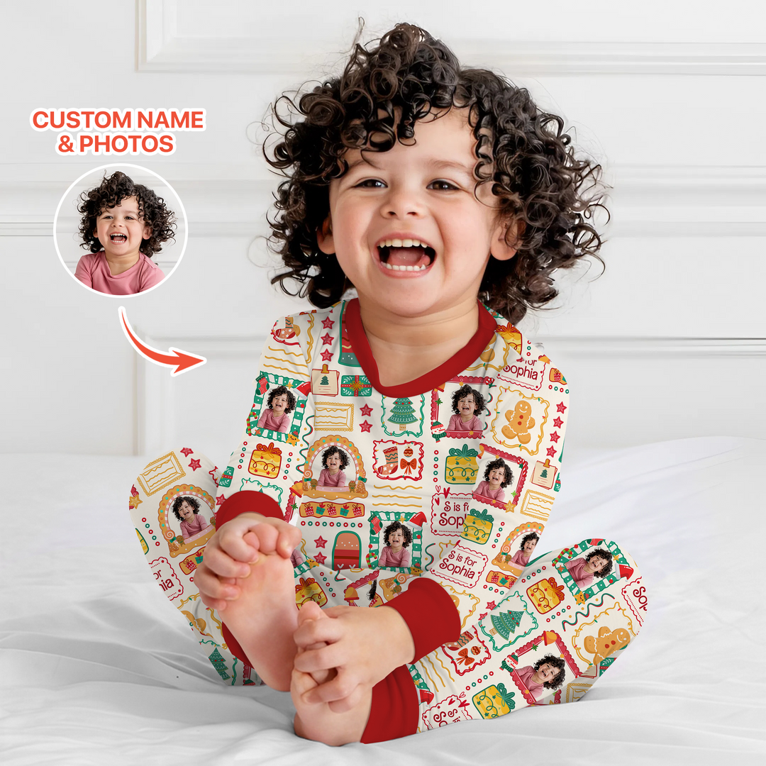 Custom Photo Christmas Frame Custom Name Two Piece Long Sleeve Pajama Set