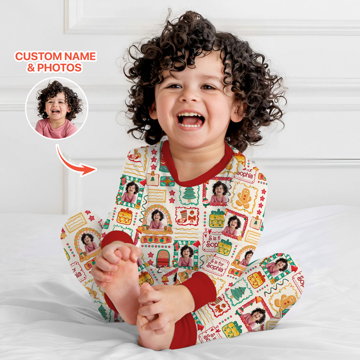 Custom Photo Christmas Frame Custom Name Two Piece Long Sleeve Pajama Set