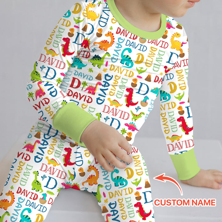 Personalized Fantasy Dinosaur Word Two Piece Long Sleeve Pajama Set