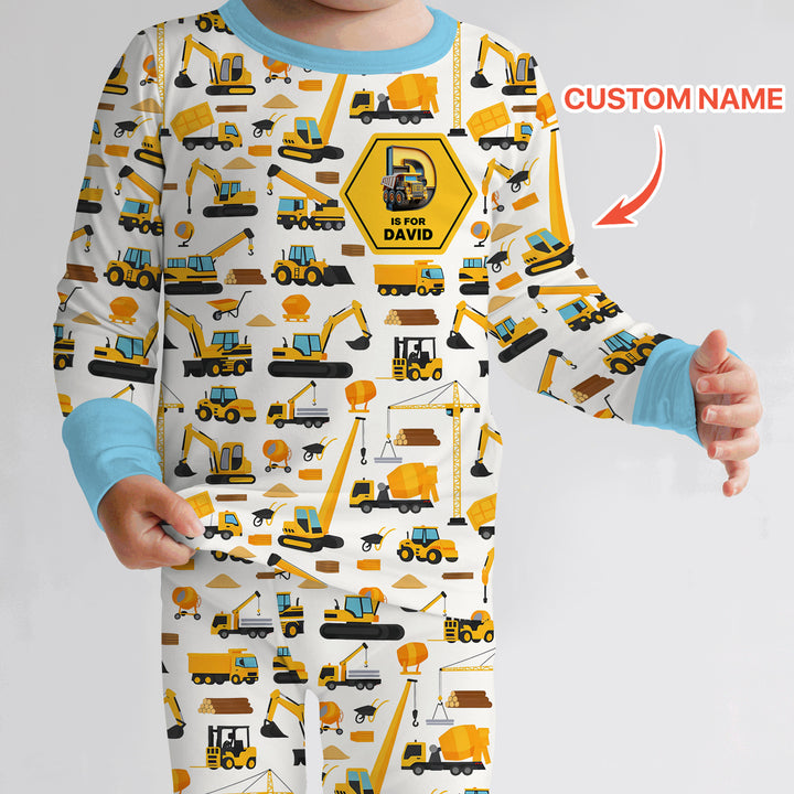 Custom Name Construction Initials Two Piece Long Sleeve Pajama Set