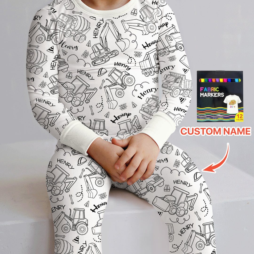 Construction Vehicules Custom Name Colorable Two Piece Long Sleeve Pajama Set