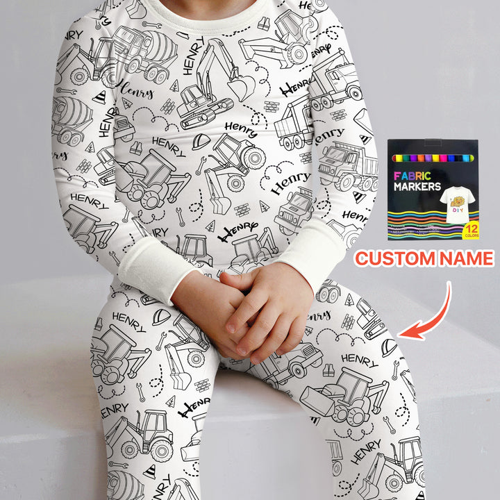 Construction Vehicules Custom Name Colorable Two Piece Long Sleeve Pajama Set