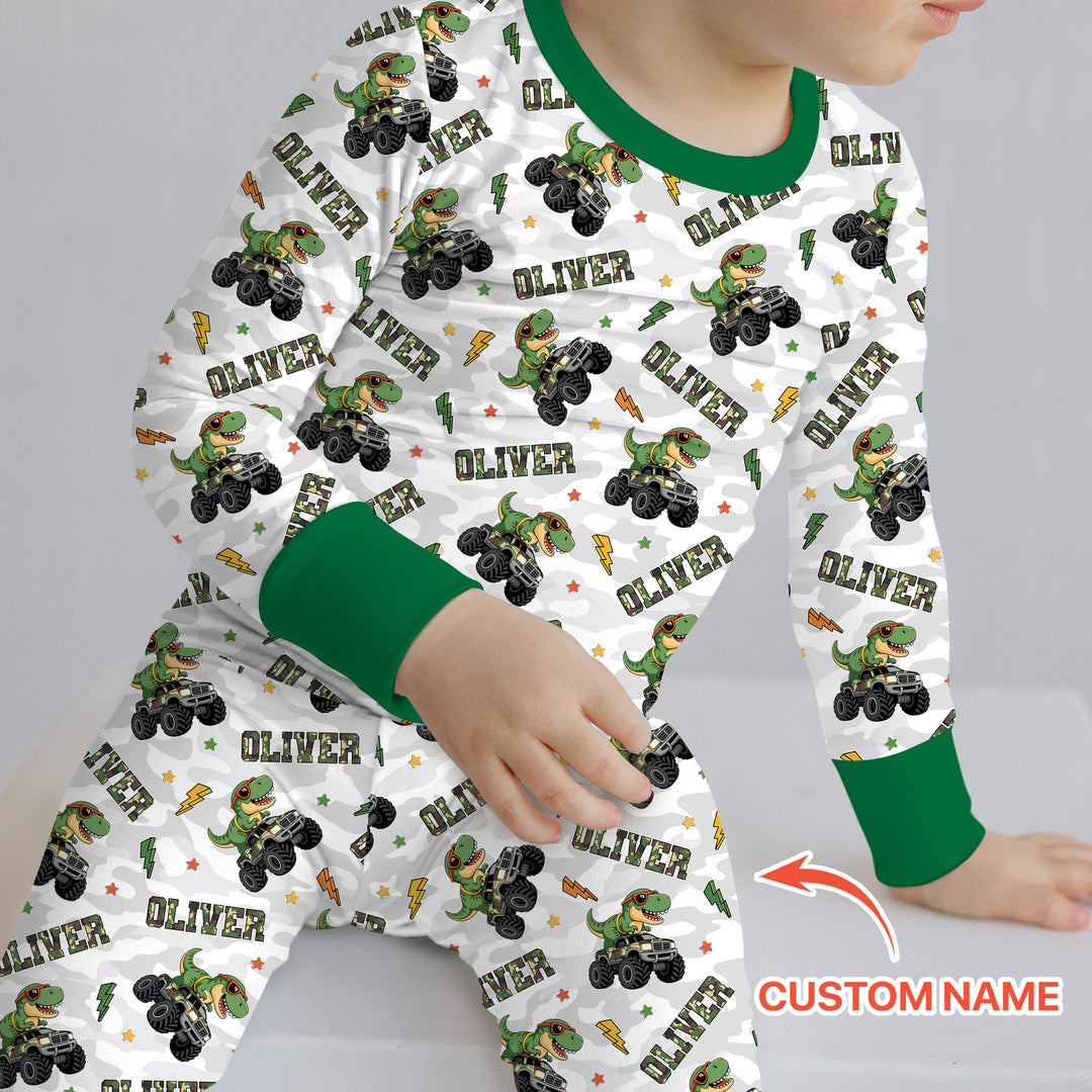 Custom Name Camo Trucker Dino Two Piece Long Sleeve Pajama Set