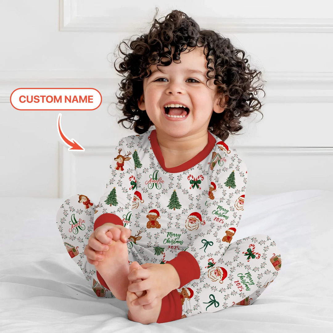 Custom name "Fancy Monogram Red Christmas 2025" Two Piece Long Sleeve Pajama Set