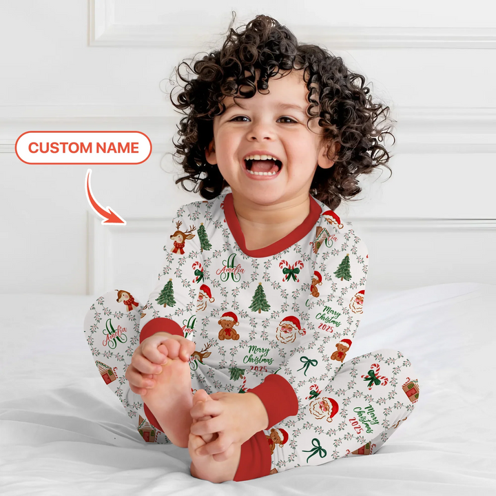 Custom name "Fancy Monogram Red Christmas 2025" Two Piece Long Sleeve Pajama Set