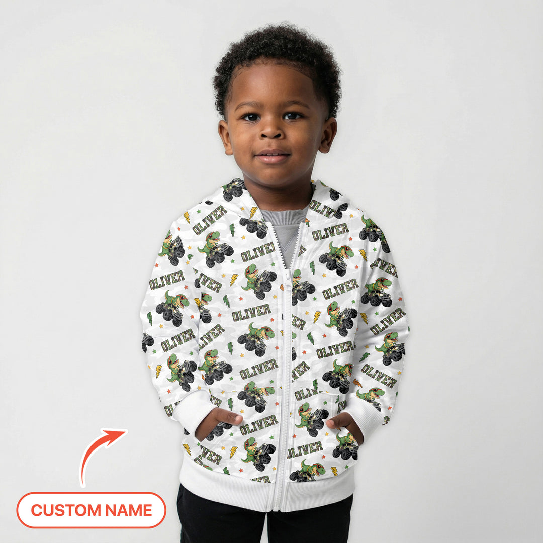 Custom Name Camo Trucker Dino Zip Hoodie