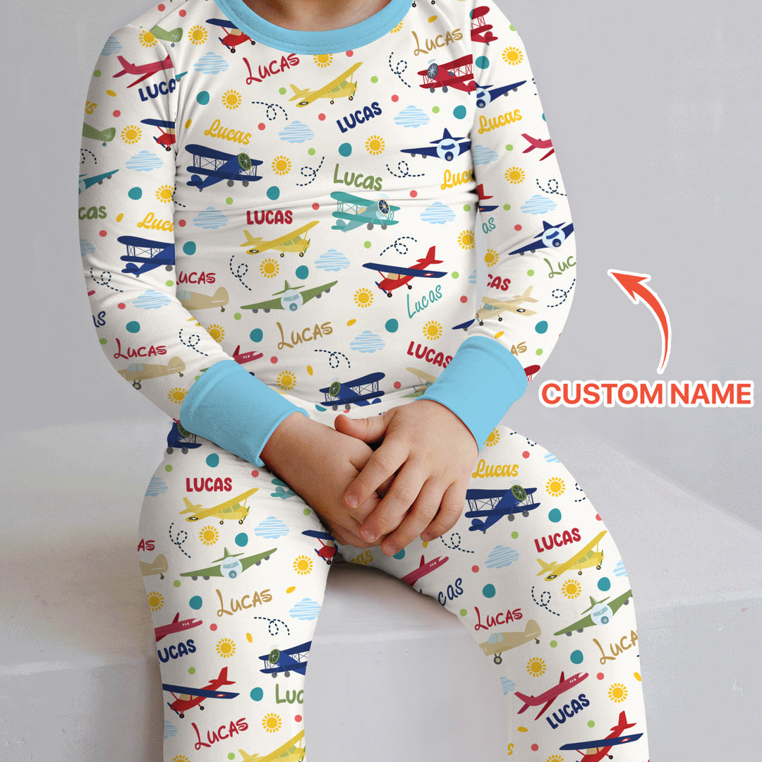 Custom Name Air Transport Two Piece Long Sleeve Pajama Set