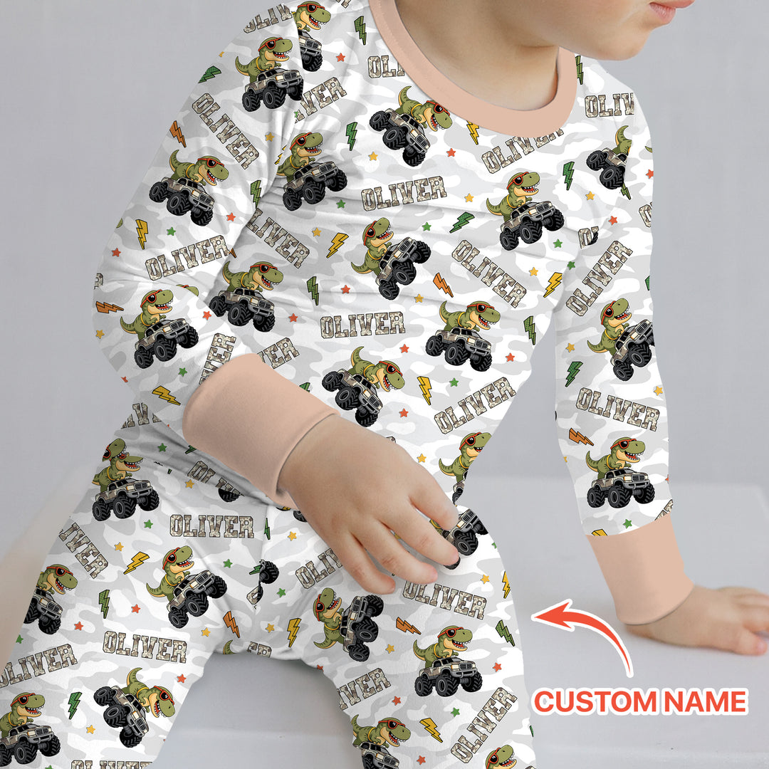 Custom Name Camo Trucker Dino Two Piece Long Sleeve Pajama Set