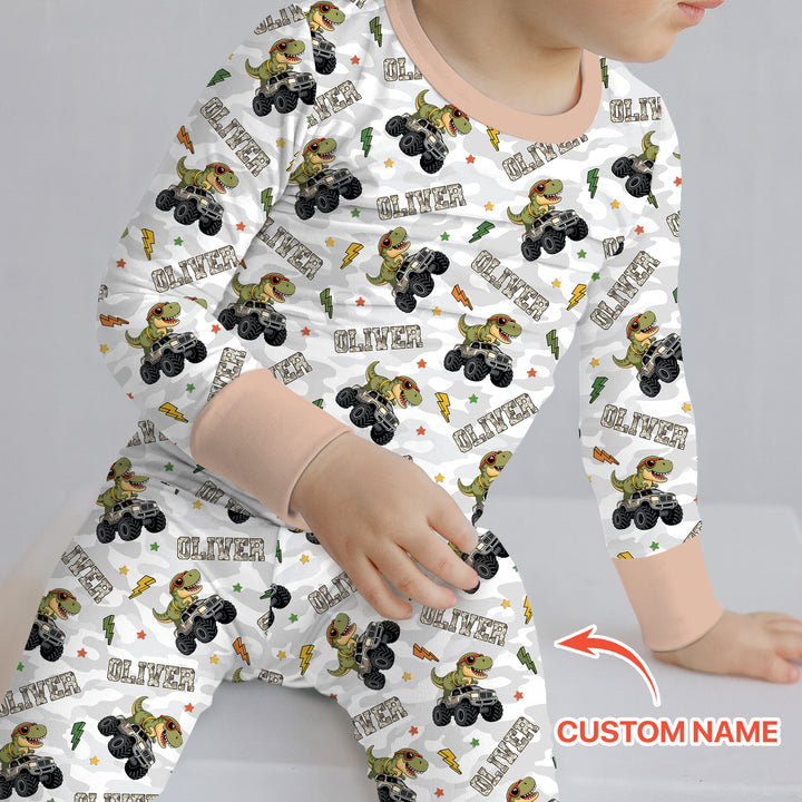 Custom Name Camo Trucker Dino Two Piece Long Sleeve Pajama Set