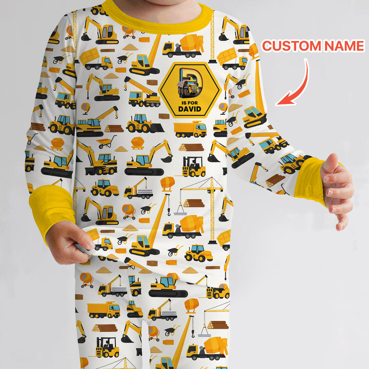 Custom Name Construction Initials Two Piece Long Sleeve Pajama Set
