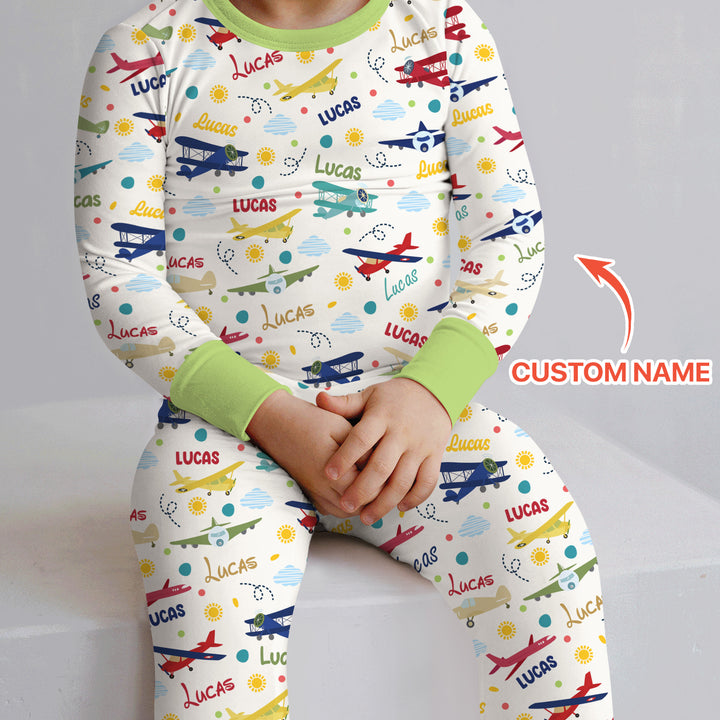 Custom Name Air Transport Two Piece Long Sleeve Pajama Set