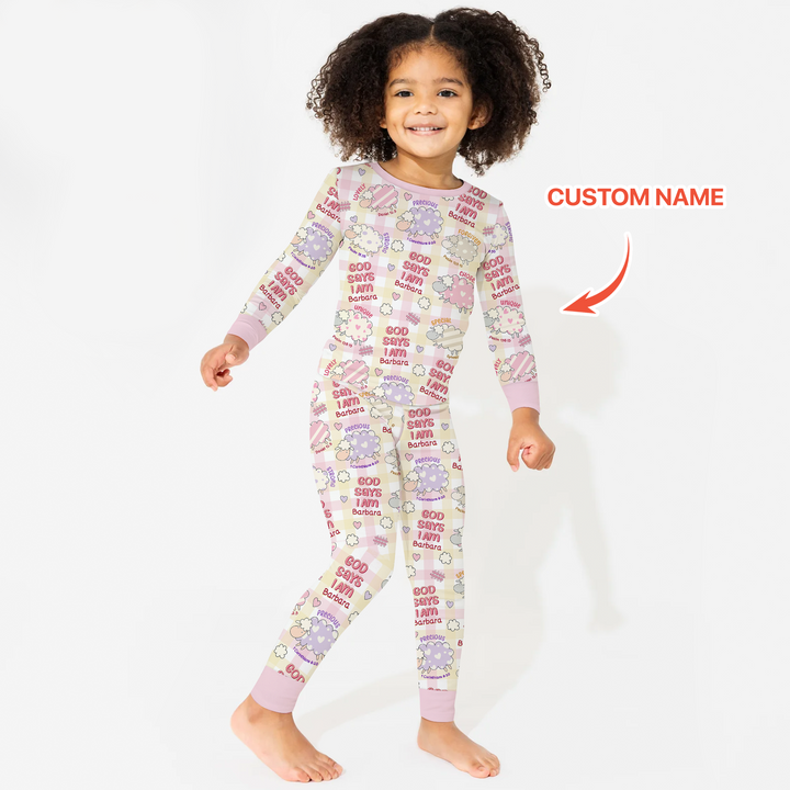 Little Lamb God Says I Am Custom Name Long Sleeve Pajama Set
