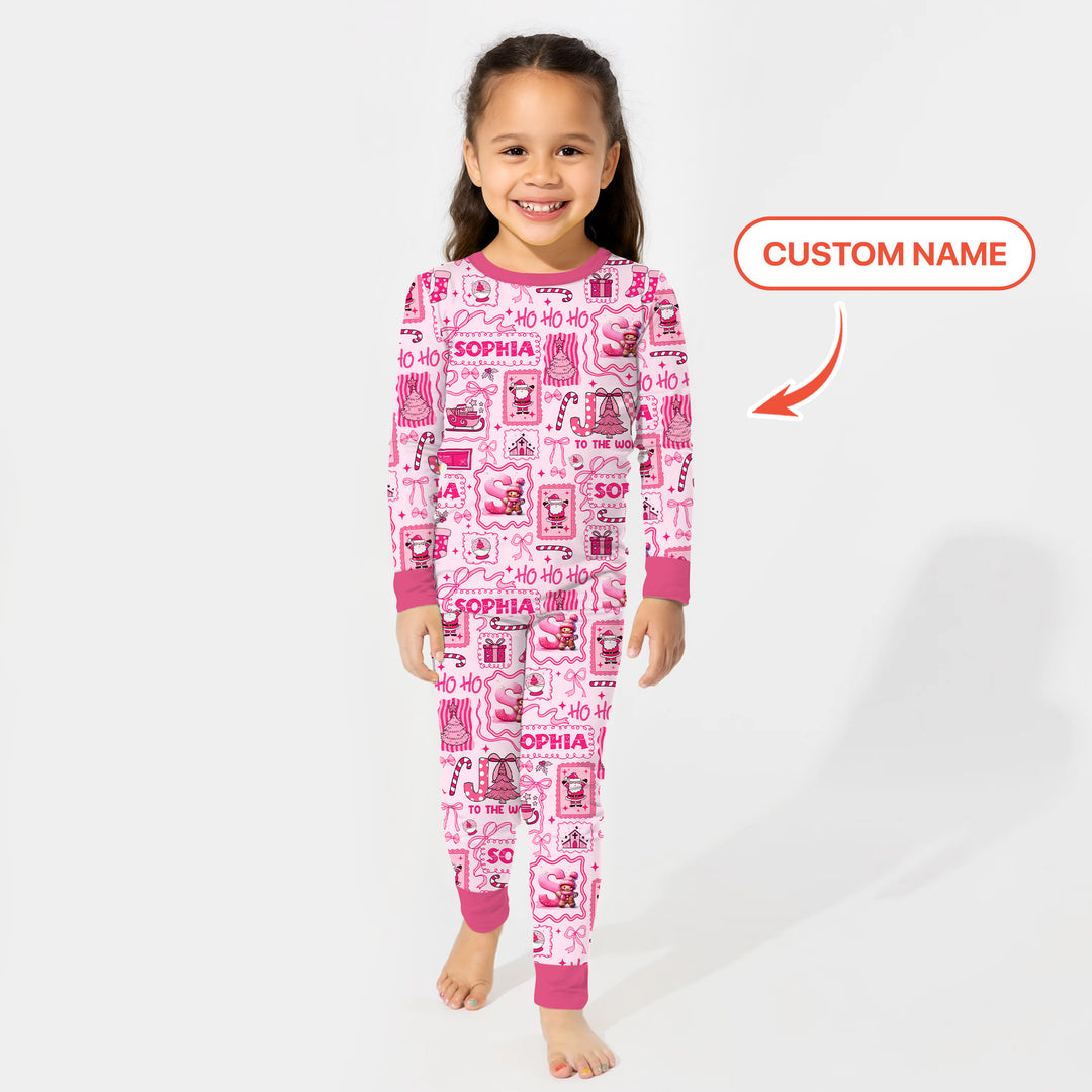 Custom Name Preppy Pink Christmas Two Piece Long Sleeve Pajama Set