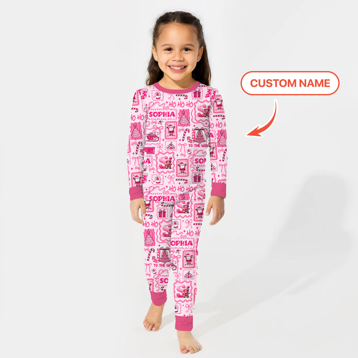 Custom Name Preppy Pink Christmas Two Piece Long Sleeve Pajama Set