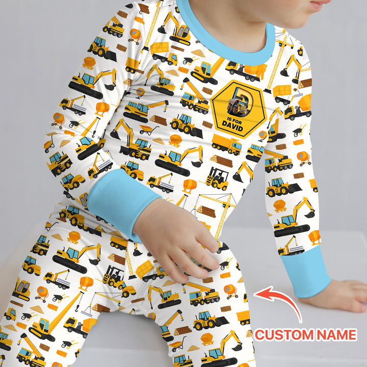 Custom Name Construction Initials Two Piece Long Sleeve Pajama Set