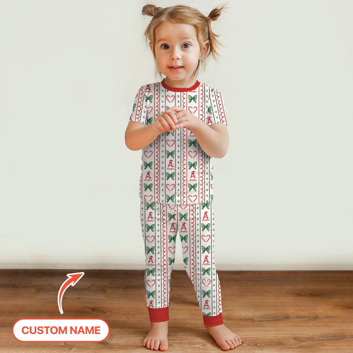Custom Name Christmas Stripes Two Piece Short Sleeve Pajama Set
