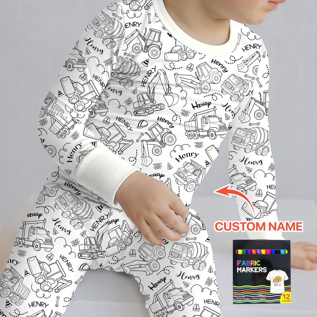 Construction Vehicules Custom Name Colorable Two Piece Long Sleeve Pajama Set
