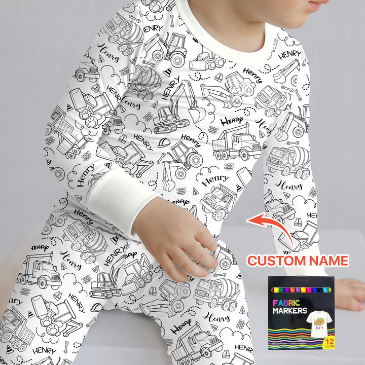 Construction Vehicules Custom Name Colorable Two Piece Long Sleeve Pajama Set
