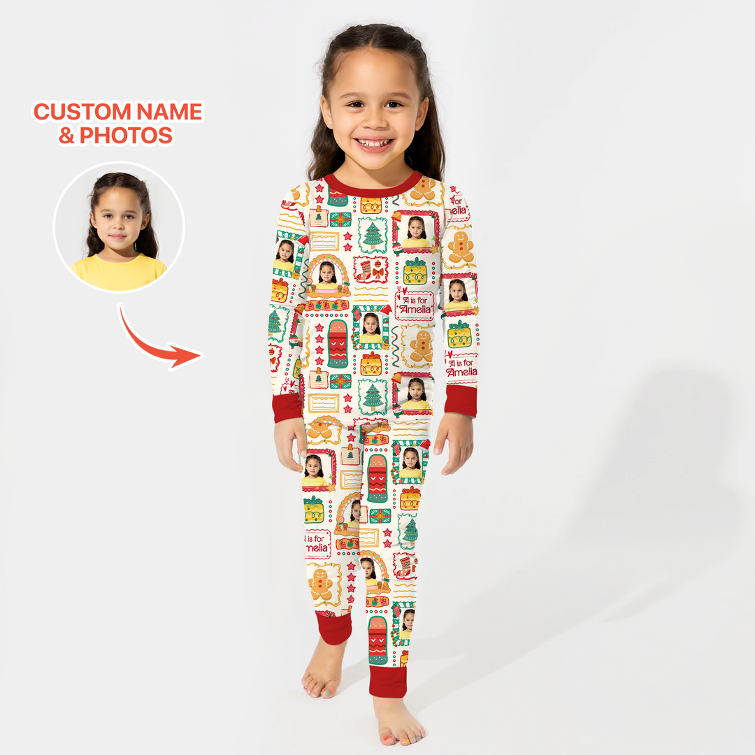 Custom Photo Christmas Frame Custom Name Two Piece Long Sleeve Pajama Set