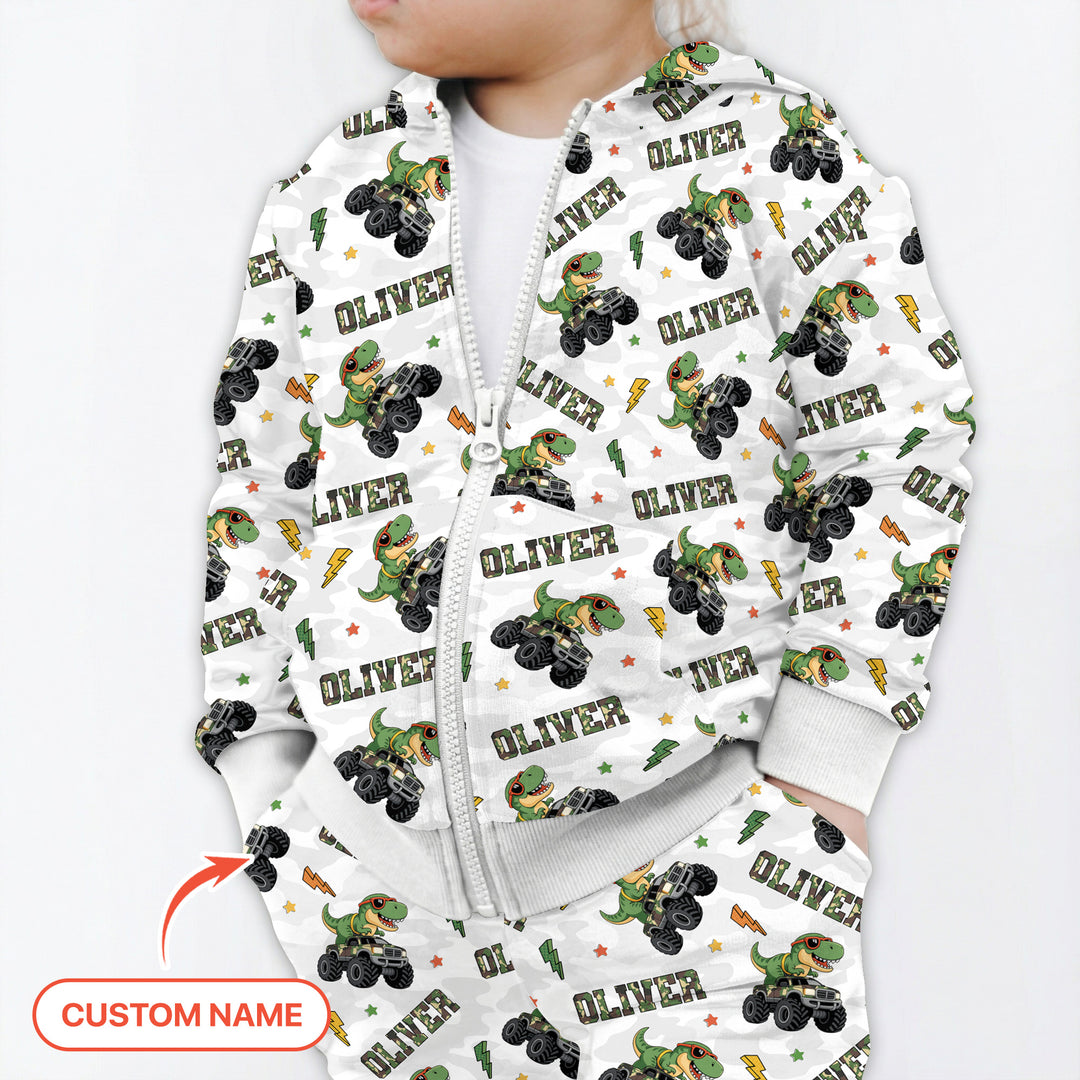 Custom Name Camo Trucker Dino Zip Hoodie