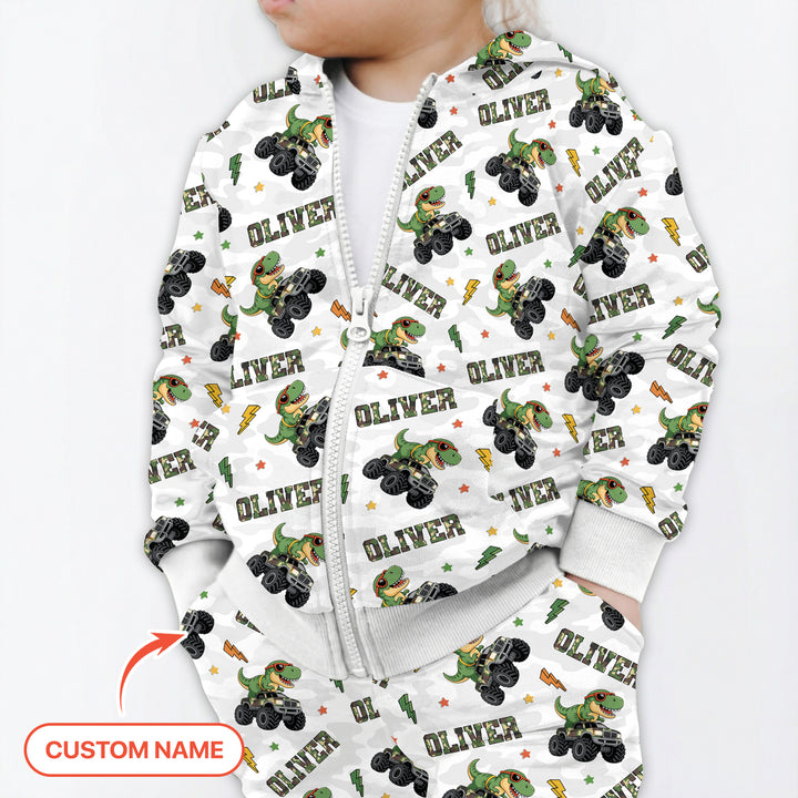Custom Name Camo Trucker Dino Zip Hoodie
